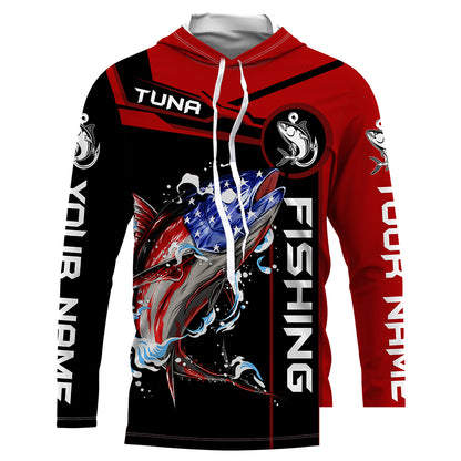 Tuna fishing American flag patriotic Custom Name Long sleeve, Long Sleeve Hooded  - Red NPQ680