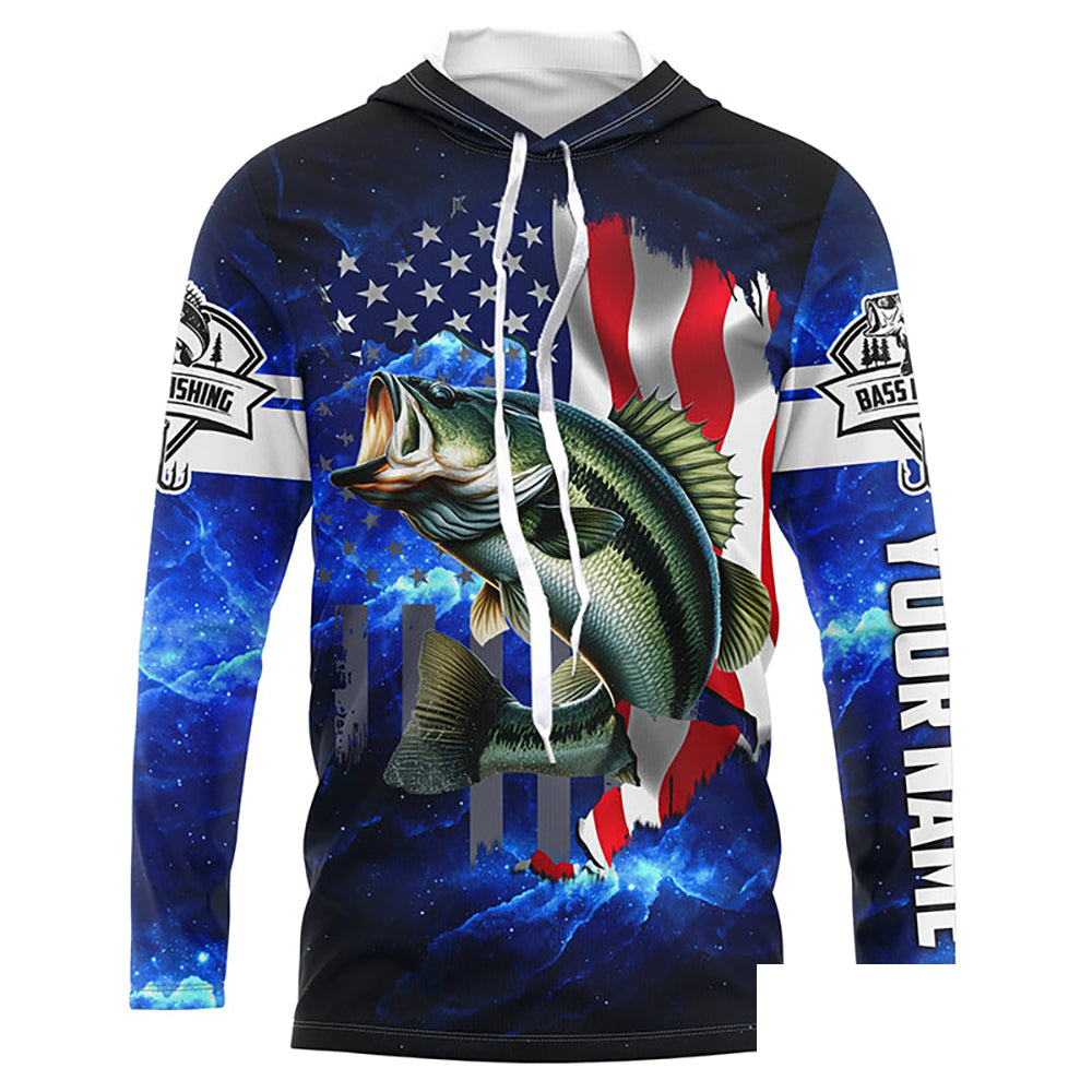 Bass Fishing 3D American Flag patriotic blue galaxy Custom UV protection long sleeve Fishing Shirts NQS5397