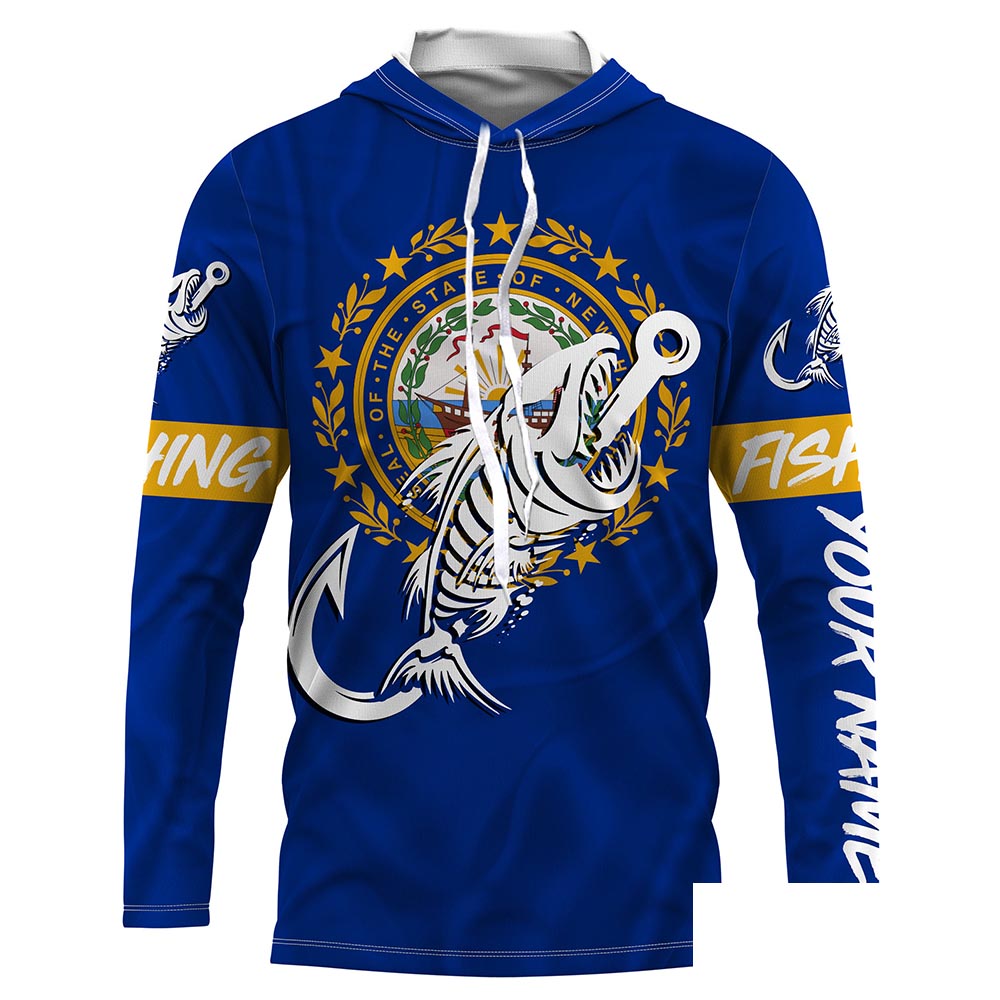NH New Hampshire Fishing Flag Fish hook skull Custom name jerseys | Long sleeve, Long Sleeve Hooded NPQ735
