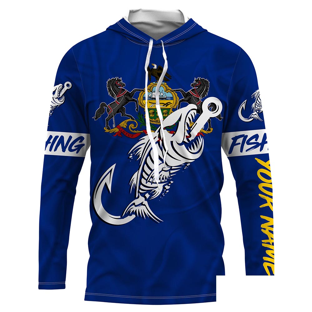 PA Pennsylvania Fishing Flag Fish hook skull Custom name jerseys | Long sleeve, Long Sleeve Hooded NPQ739