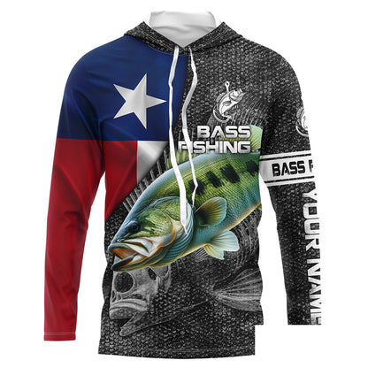 Texas Bass fishing Texas flag patriot Custom name Long sleeve, Long Sleeve Hooded NPQ873