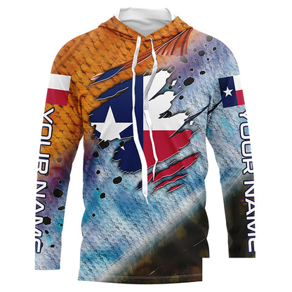 Texas slam redfish trout flounder scales Texas flag Custom patriotic fishing long sleeve shirts NQS6813