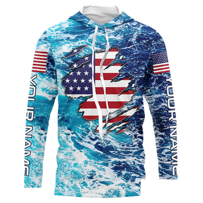Blue sea wave ocean camo American flag patriot shirt Custom sun protection fishing long sleeve shirts NQS5429