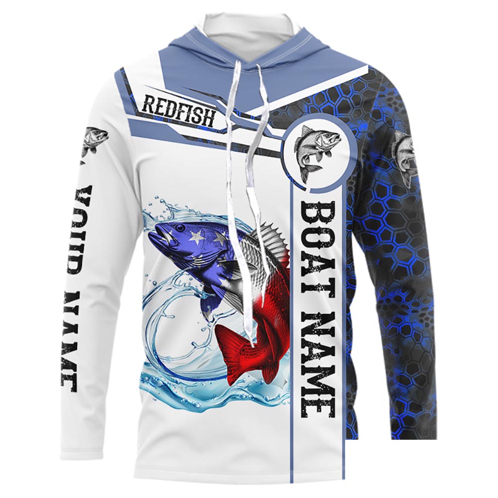 Redfish Fishing blue camo American Flag Custom name & boat name performance Long Sleeve Fishing Shirts NQS5191