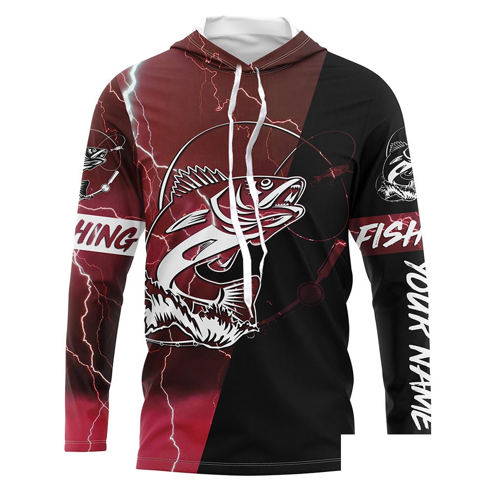 Walleye Fishing tattoo red lightning camo black custom Long sleeve, Long Sleeve Hooded NPQ698