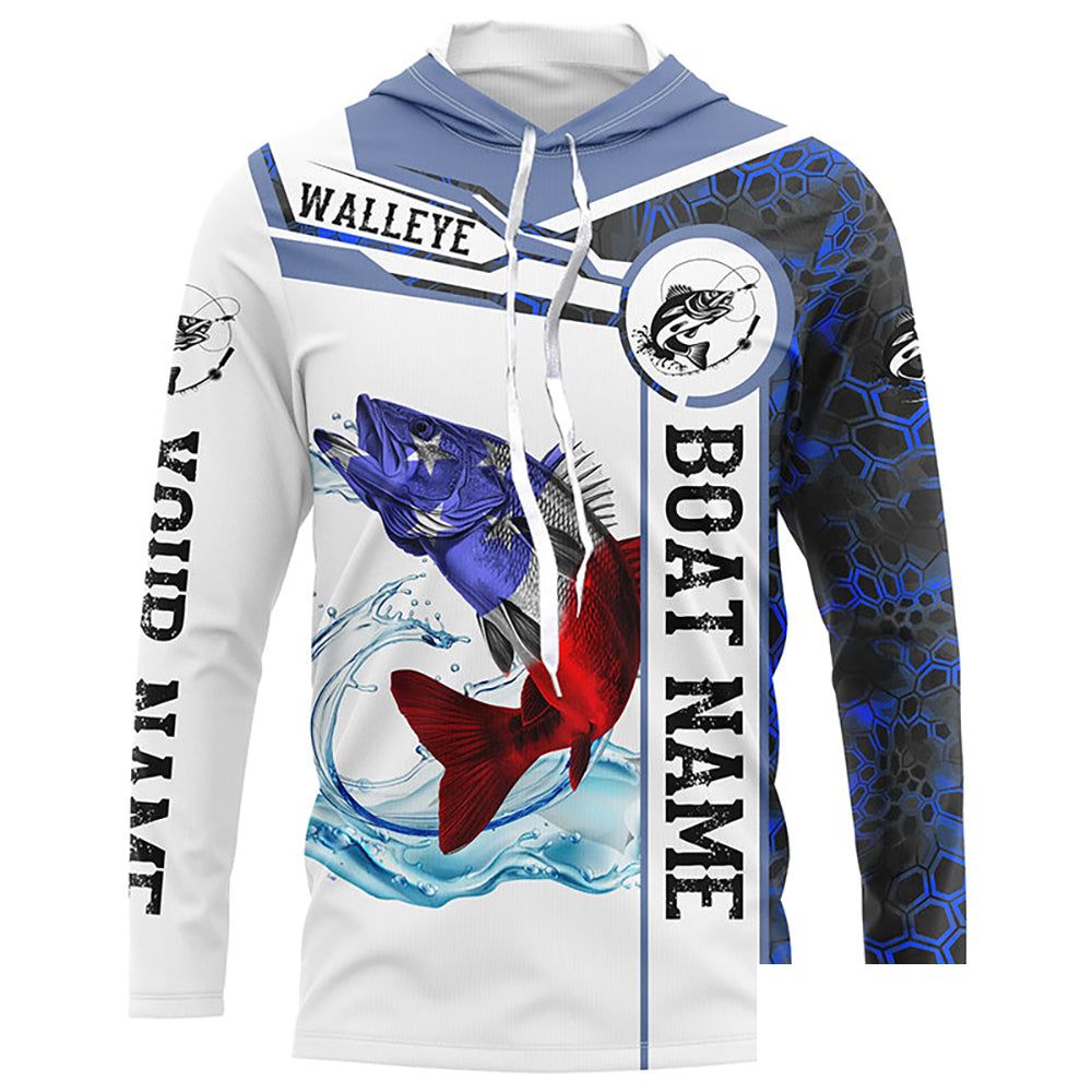 Walleye Fishing blue camo American Flag Custom name and boat name Long sleeve, Long Sleeve Hooded NPQ758