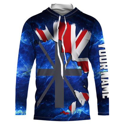 United Kingdom Flag Universe fishing Custom Name Long sleeve, Long Sleeve Hooded Fishing Shirt - NPQ655