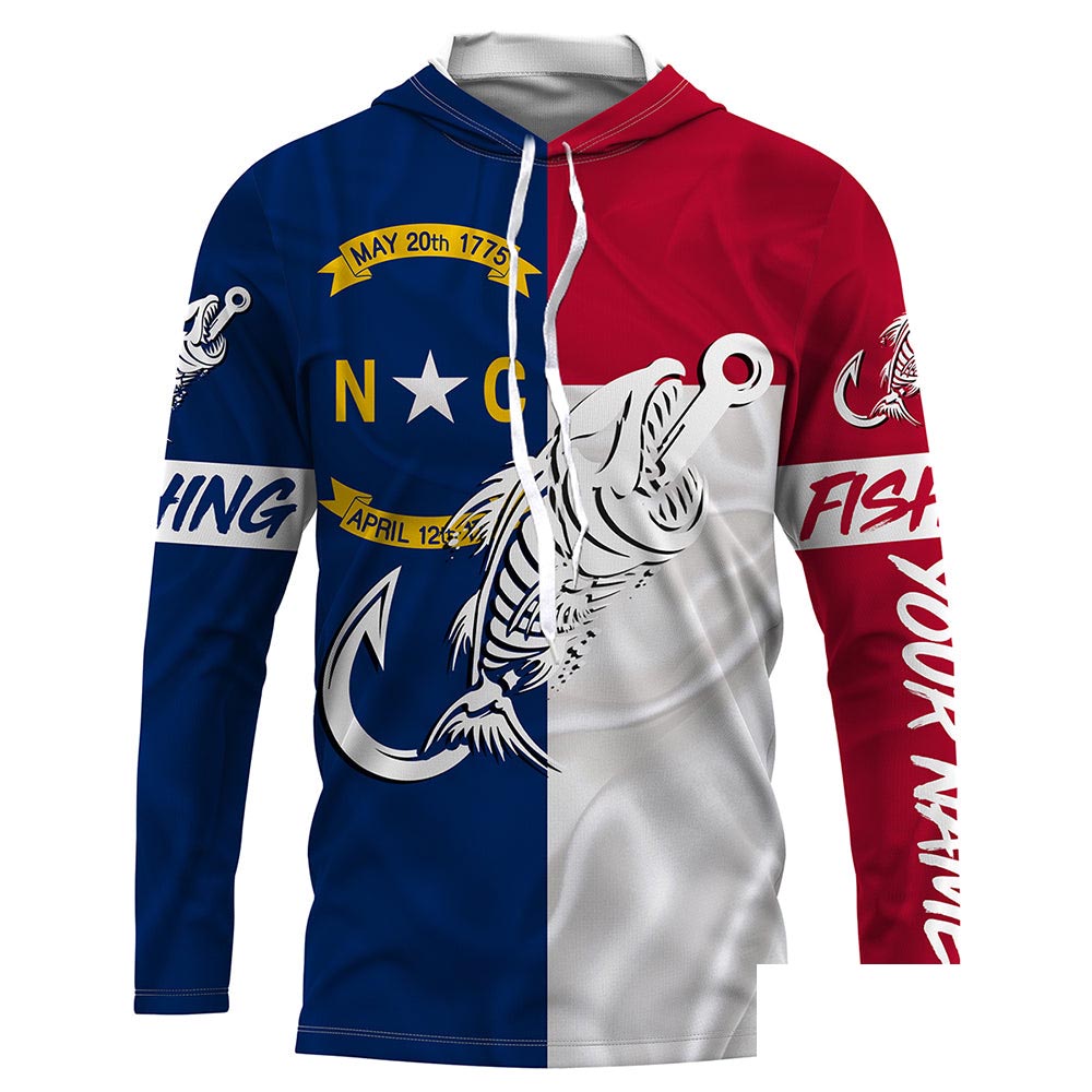 NC Fishing Custom North Carolina Flag Fish hook skull Custom Long sleeve, Long Sleeve Hooded NPQ760