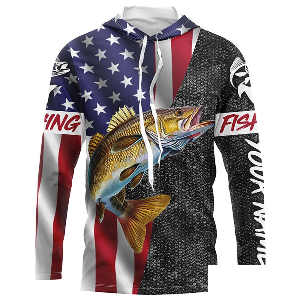 Personalized Walleye Fishing Jerseys, Custom American flag Walleye Long sleeve, Long Sleeve Hooded NQS4925