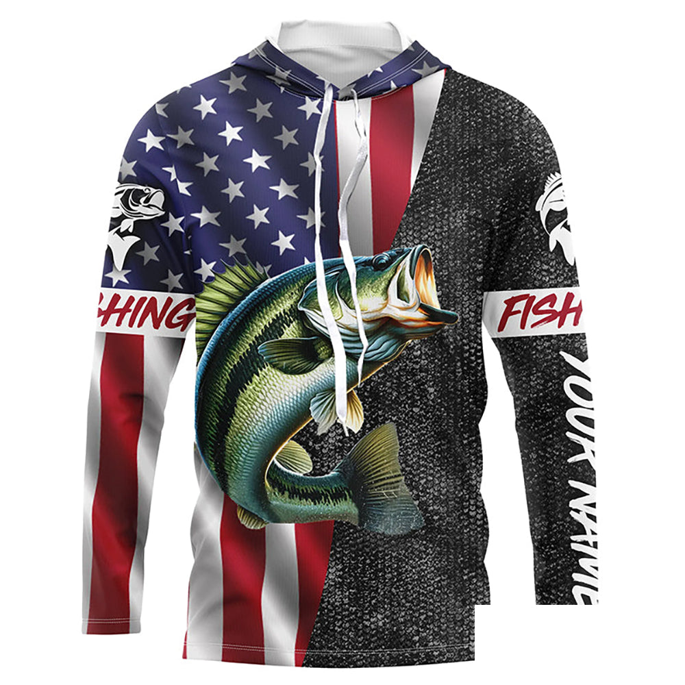 Personalized Bass Fishing Jerseys, Custom American flag Bass fishing Long sleeve, Long Sleeve Hooded NQS4926