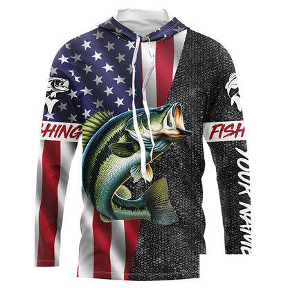 Personalized Bass Fishing Jerseys, Custom American flag Bass fishing Long sleeve, Long Sleeve Hooded NQS4926