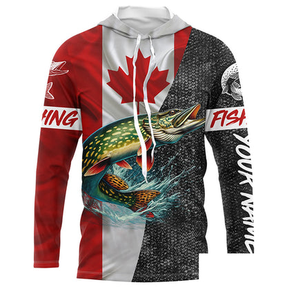 Personalized Northern pike Fishing Jerseys, Custom Canadian flag Pike Long sleeve, Long Sleeve Hooded NQS4927