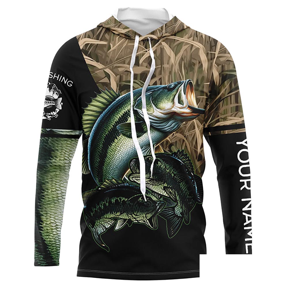Bass fishing green scales camo Custom name bass Long sleeve fishing shirts, Long Sleeve Hooded NPQ895