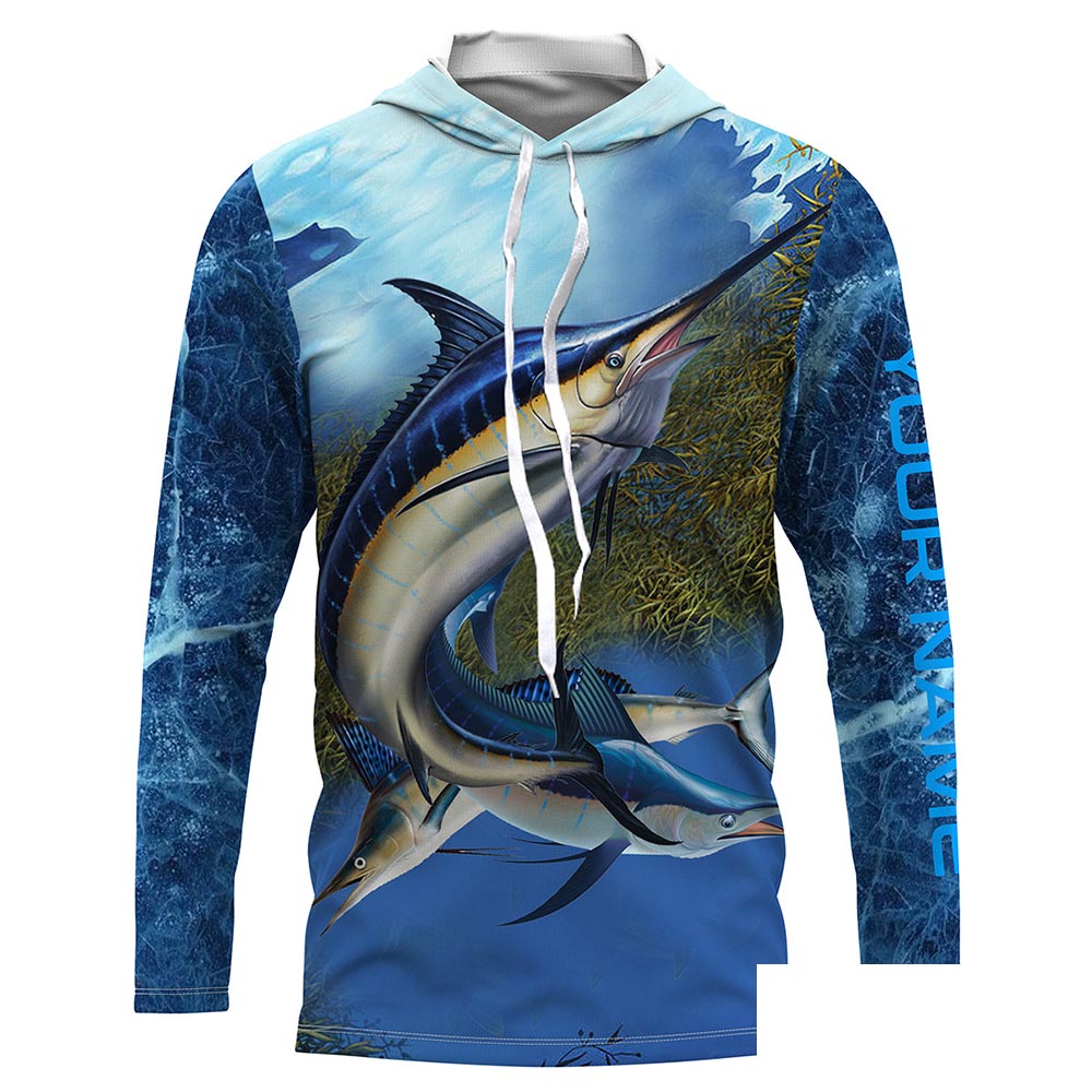Marlin fishing blue deep sea fishing Custom Name Long sleeve, Long Sleeve Hooded Fishing Shirt - NPQ664