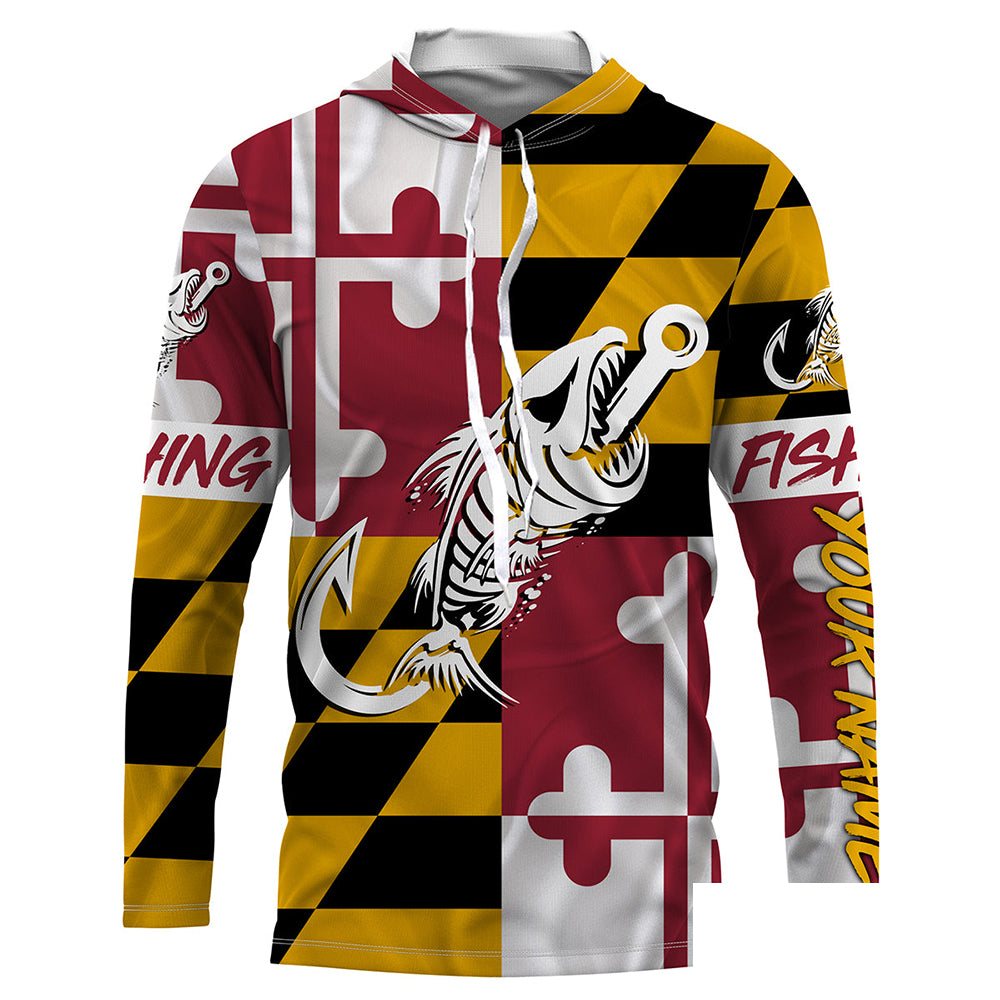MD Fishing Custom Maryland Flag Fish hook skull custom fishing Long sleeve, Long Sleeve Hooded NPQ706