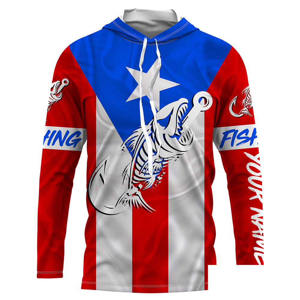Puerto Rico Fishing Custom Flag Fish hook skull custom fishing Long sleeve, Long Sleeve Hooded NPQ707