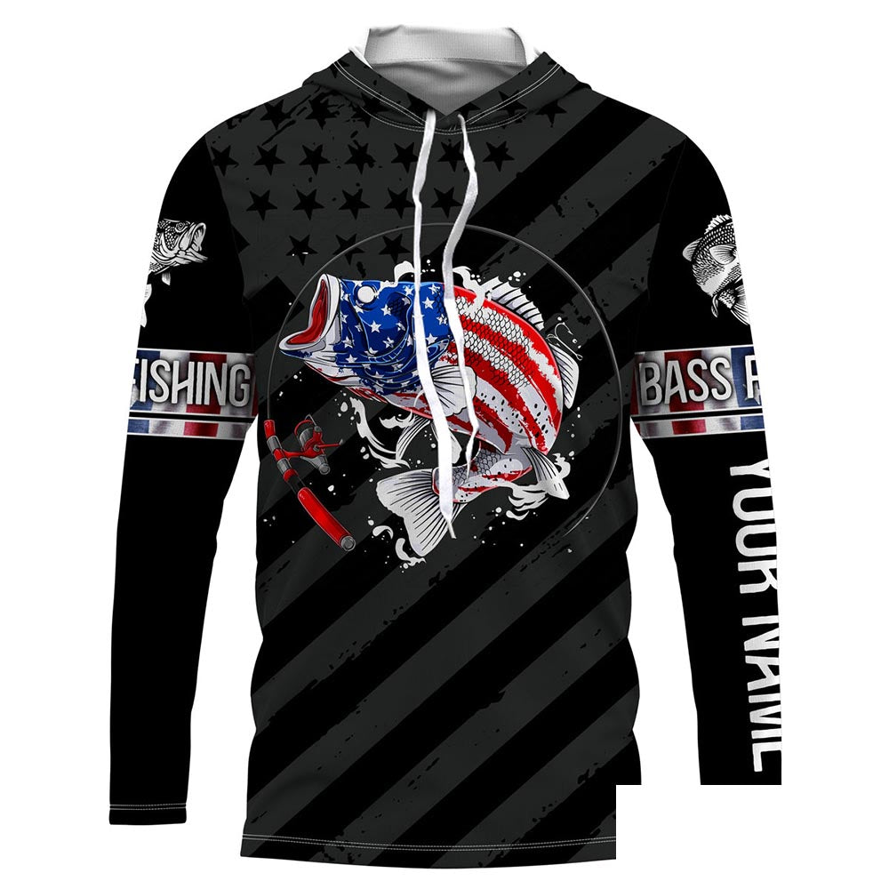 Largemouth Bass fishing black American flag Custom name fishing jerseys | Long sleeve, Long Sleeve Hooded NPQ827