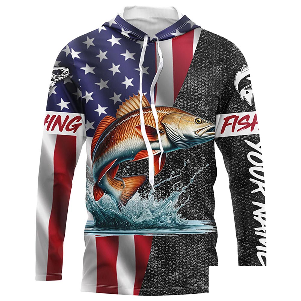 American Flag patriotic redfish Fishing Jerseys, Personalized red drum fishing Long sleeve shirts NQS4957