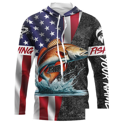 American Flag patriotic redfish Fishing Jerseys, Personalized red drum fishing Long sleeve shirts NQS4957