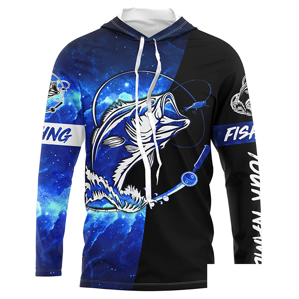 Bass Fishing tattoo blue galaxy black Custom name performance UV protection long sleeve fishing shirts NQS5293