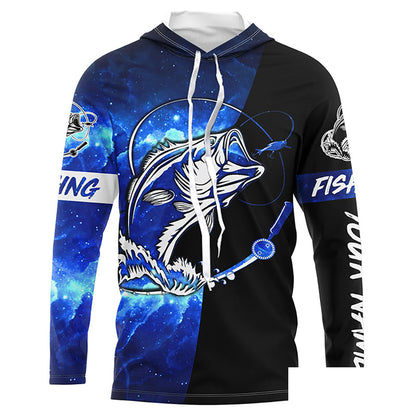 Bass Fishing tattoo blue galaxy black Custom name performance UV protection long sleeve fishing shirts NQS5293