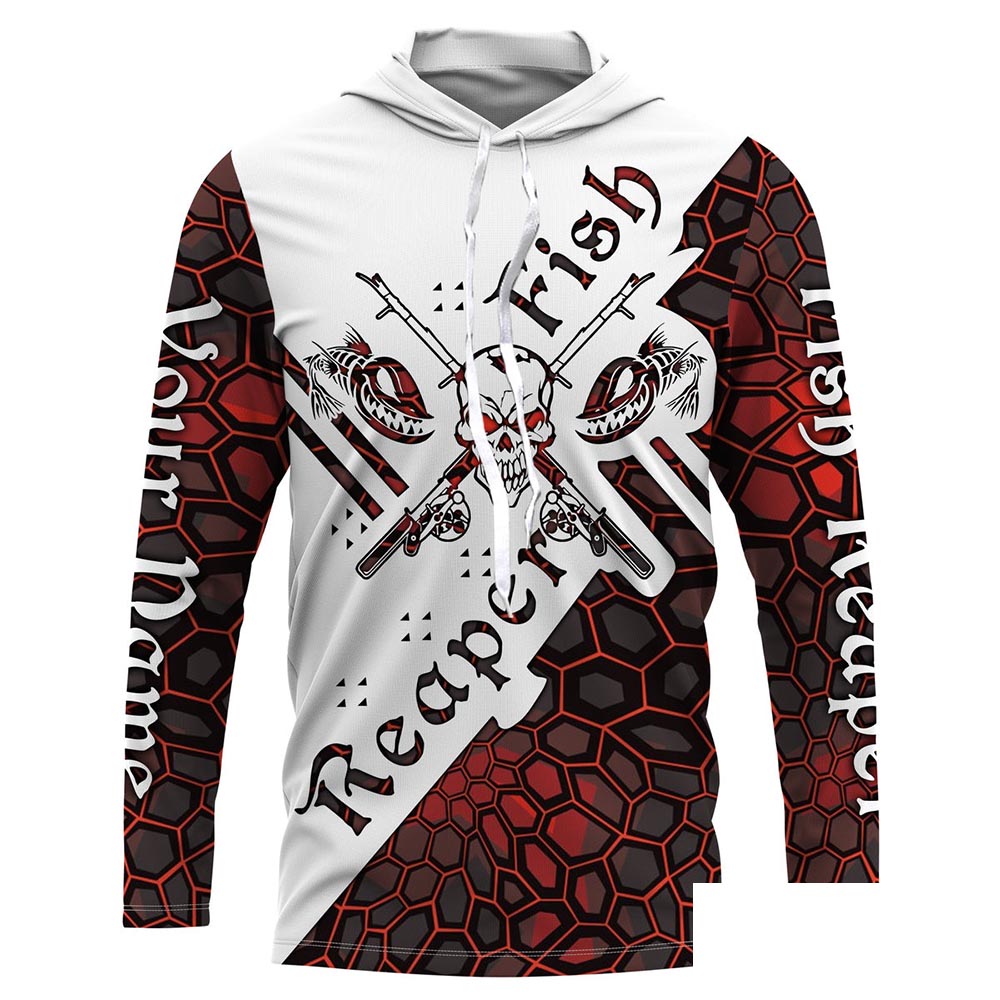 Fish reaper skull red camo Custom name Long sleeve, Long Sleeve Hooded NPQ915
