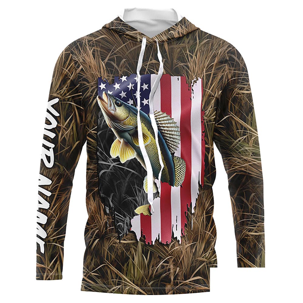 American flag Walleye fishing camo Customize Name UV protection long sleeves fishing shirt NPQ86