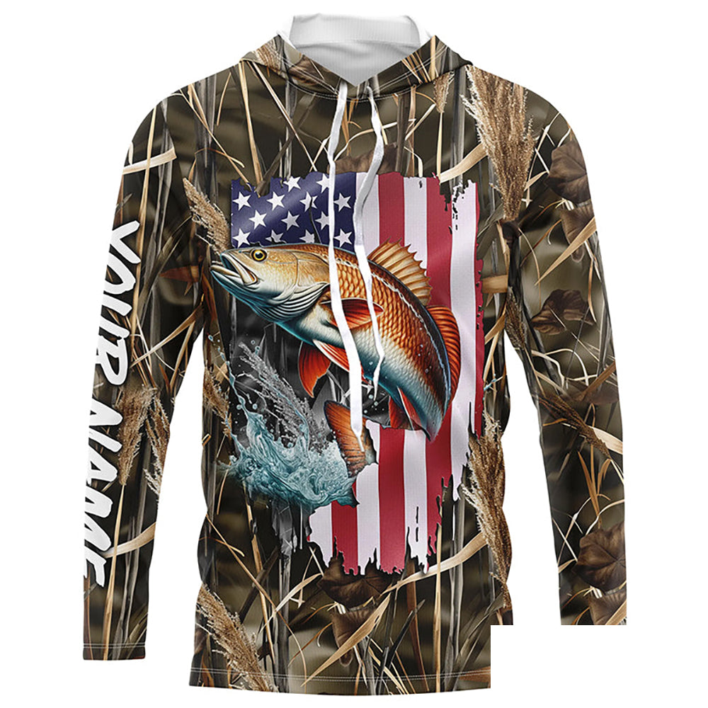 American flag Redfish fishing camo Customize Name long sleeves fishing shirt for men NPQ85