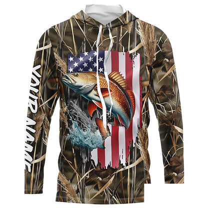 American flag Redfish fishing camo Customize Name long sleeves fishing shirt for men NPQ85