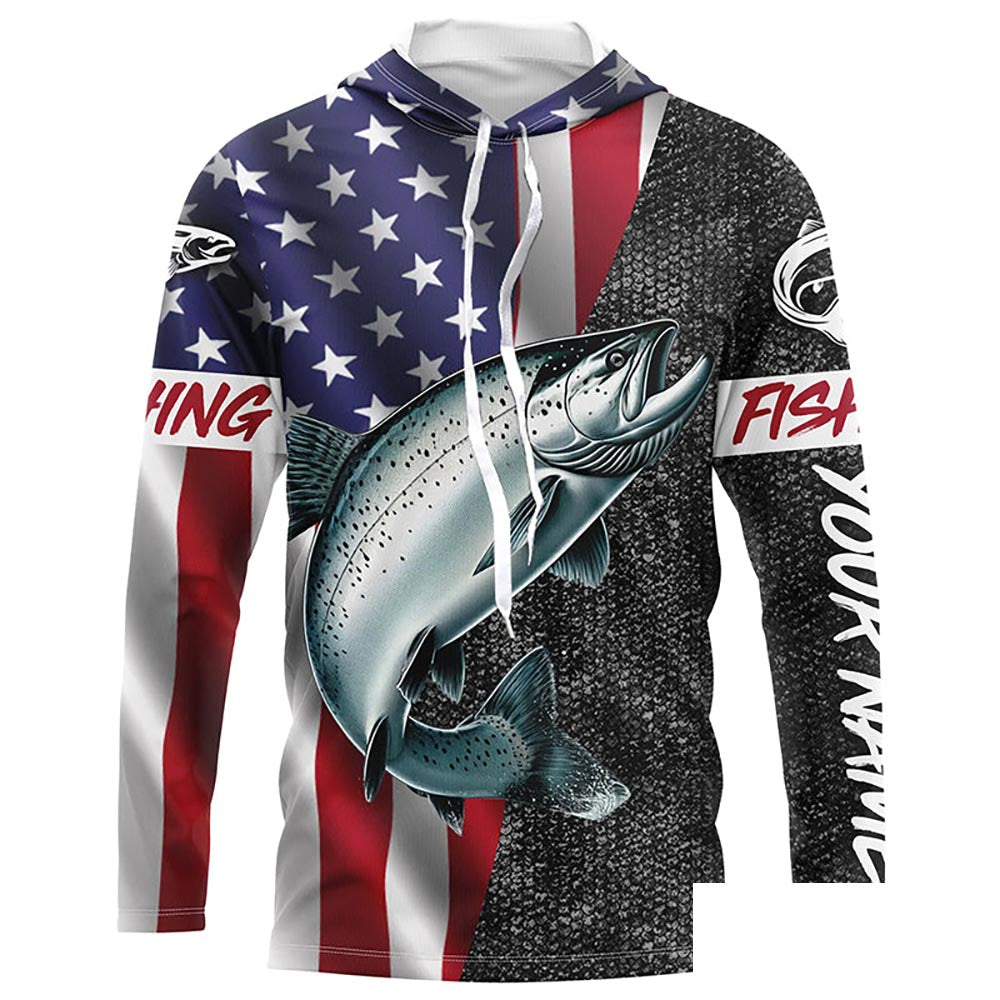 American Flag Salmon Fishing Custom long sleeve performance Fishing Shirts, Salmon Fishing jerseys NQS7883
