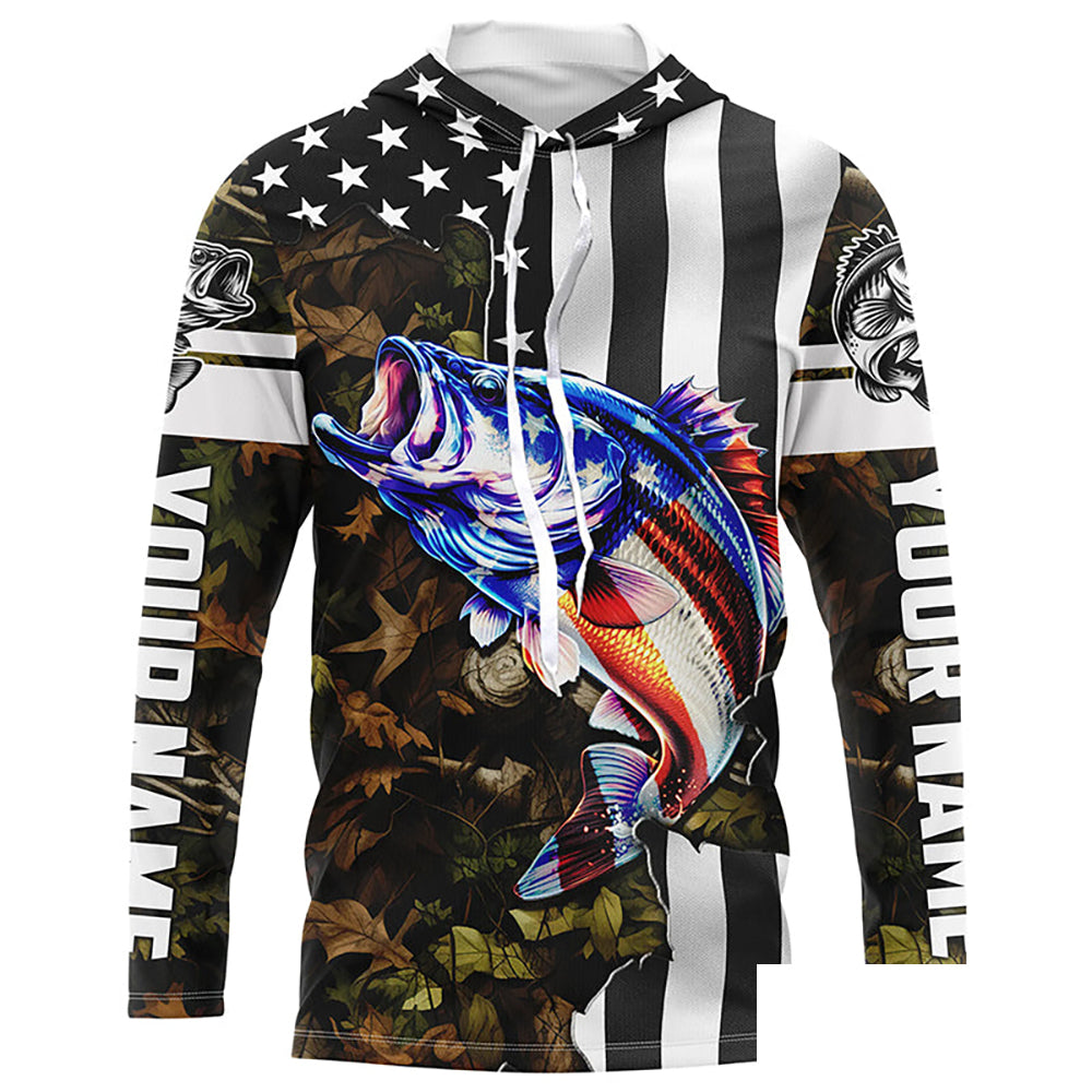 Bass Fishing American Flag black camo Customize UV protection long sleeves fishing shirt for men NPQ88