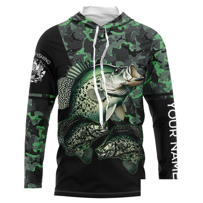 Crappie fishing black green camo Custom name Long sleeve, Long Sleeve Hooded NPQ937