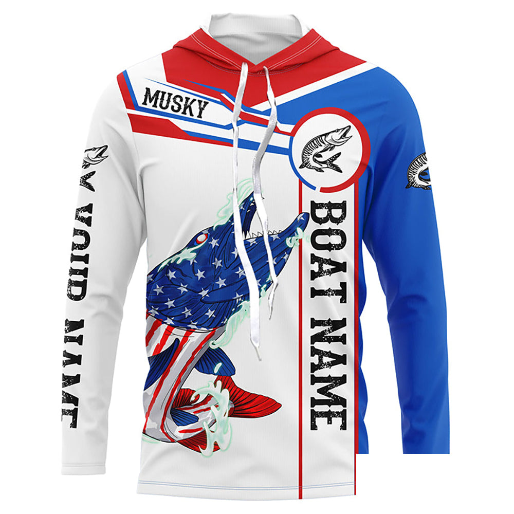 Angry Musky American flag patriotic fishing Custom name and boat name  long sleeve fishing shirts NQS5601