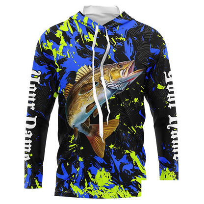 Personalized Walleye fishing green blue camo long sleeve Fishing Shirts NQS7107