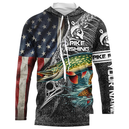 Northern Pike Fishing American Flag patriotic Customize name Long Sleeve Fishing Shirts NPQ280