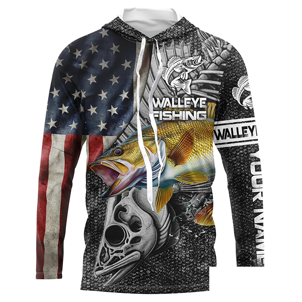 Walleye Fishing American Flag patriotic fish skull Custom name long sleeves fishing shirt NPQ10