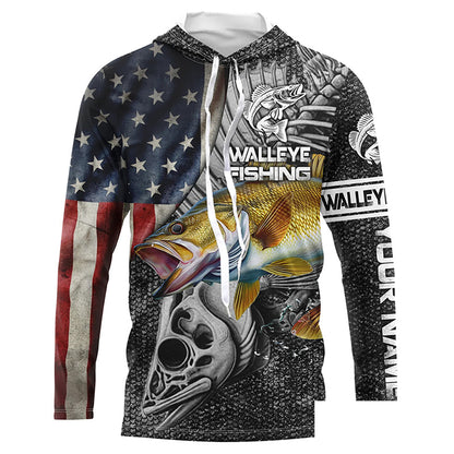 Walleye Fishing American Flag patriotic fish skull Custom name long sleeves fishing shirt NPQ10