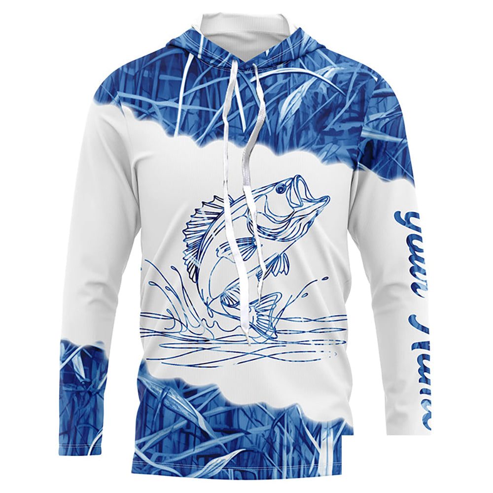 Blue camo Largemouth bass Customize Name UV protection long sleeves fishing shirt NPQ98