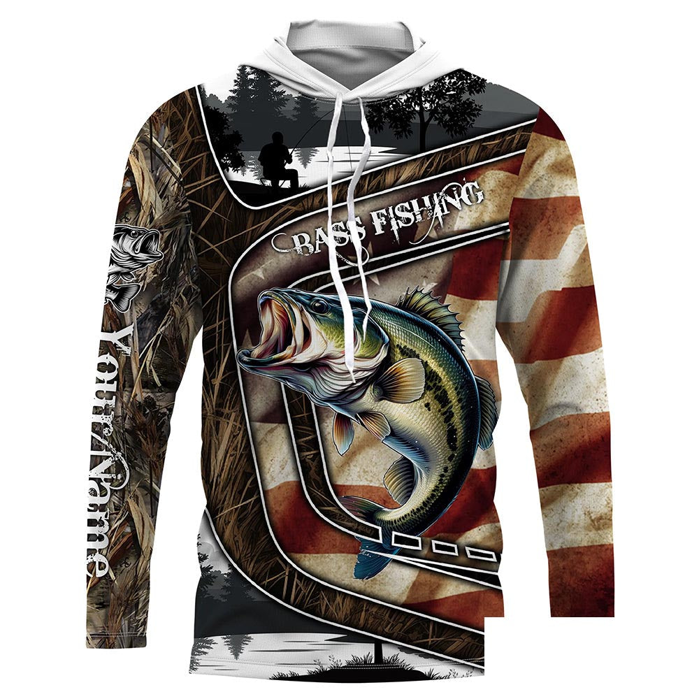 Custom American Flag patriotic Bass Fishing Jerseys, Personalized camo Bass fishing Long sleeve shirts NQS4856