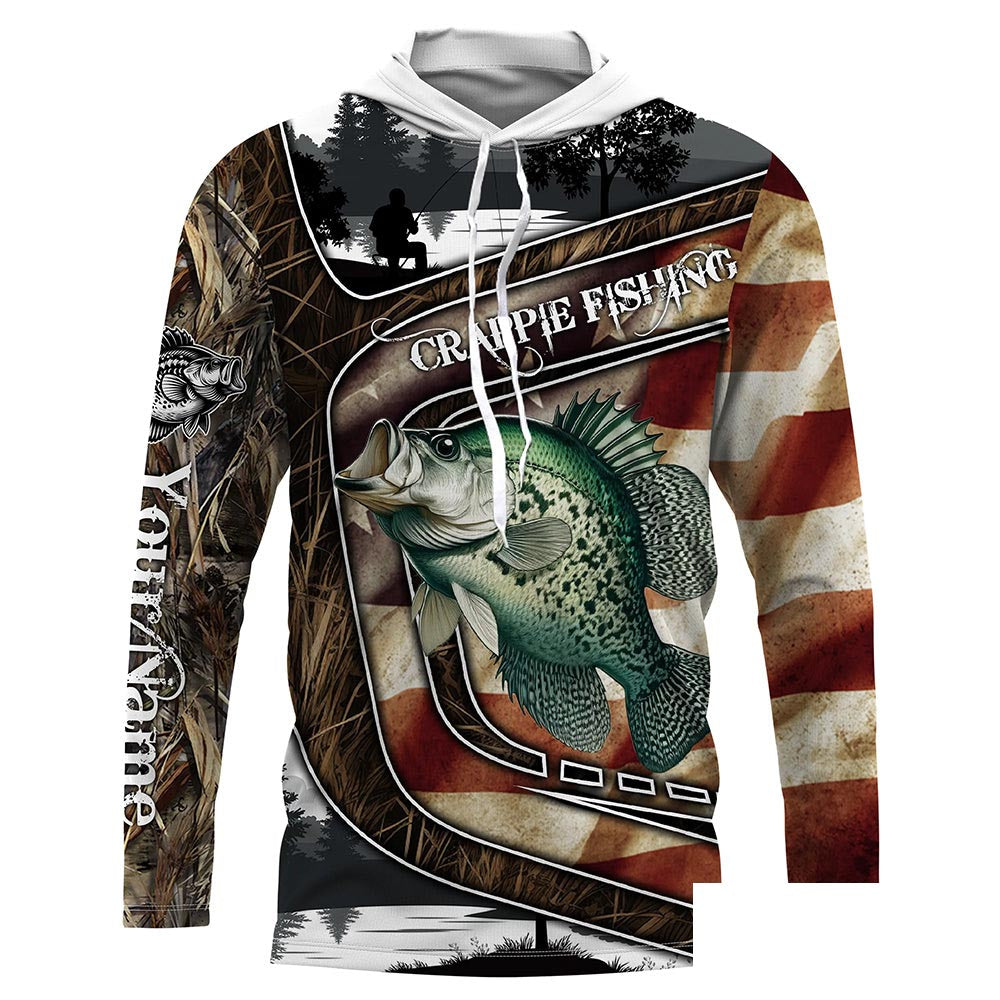 American Flag patriotic Crappie Fishing Jerseys, Custom camo Crappie fishing Long sleeve shirts NQS4858