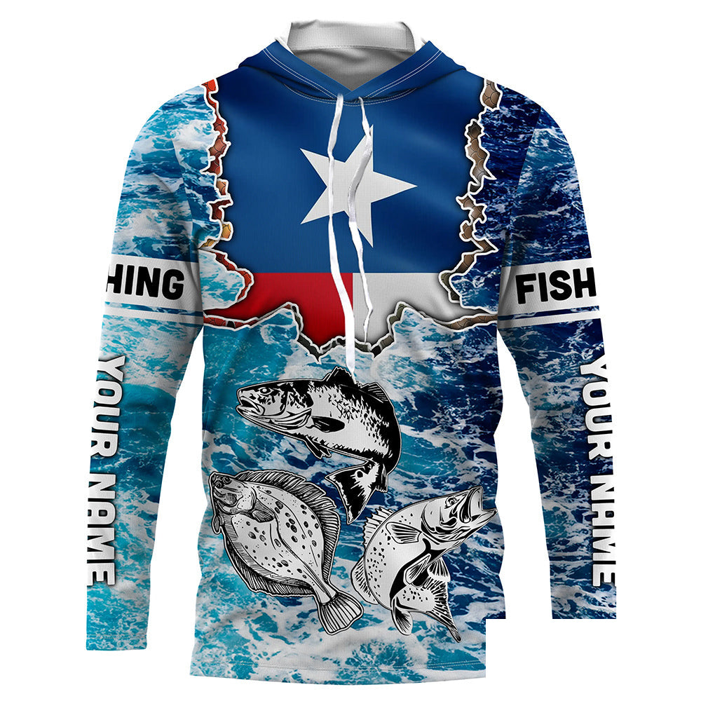 Texas Flag Redfish, trout, flounder blue wave camo custom name performance long sleeve fishing shirts NQS5440