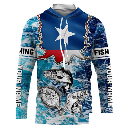 Texas Flag Redfish, trout, flounder blue wave camo custom name performance long sleeve fishing shirts NQS5440