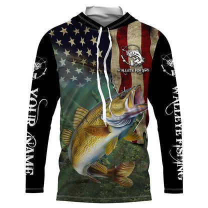 Walleye Fishing 3D American Flag Patriotic Customize name UV protection long sleeve fishing shirts NPQ302