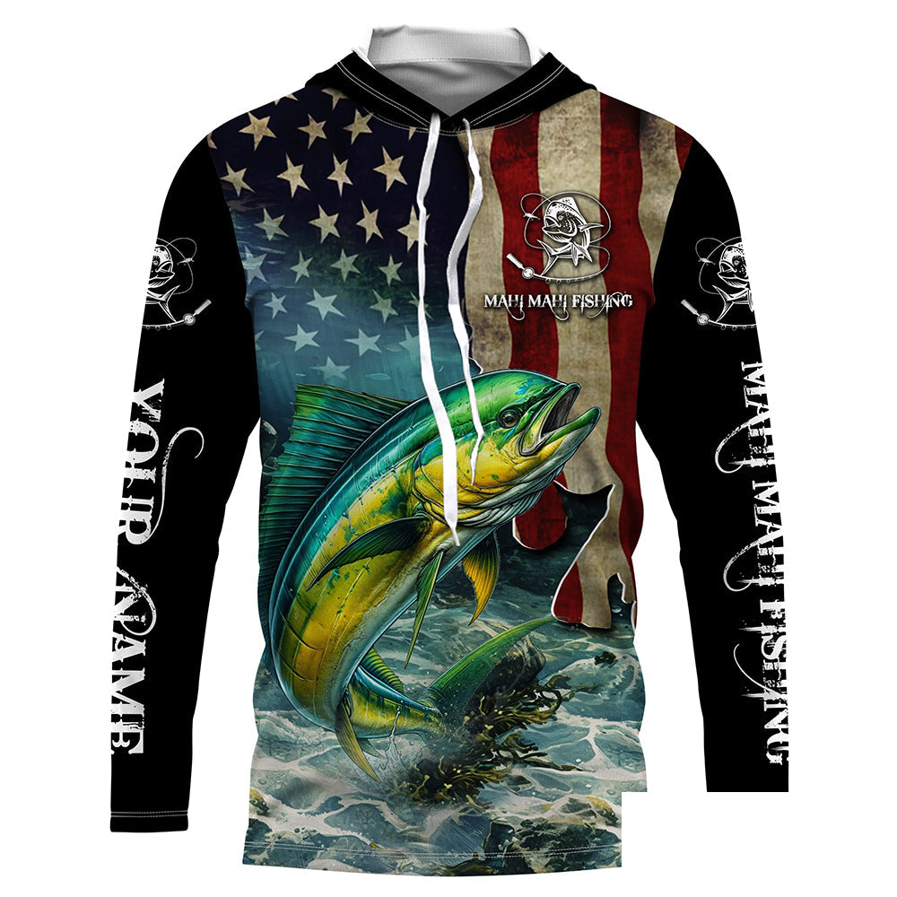 Mahi Mahi ( Dorado) Fishing American Flag Customize Name UV protection long sleeves fishing shirts NPQ22