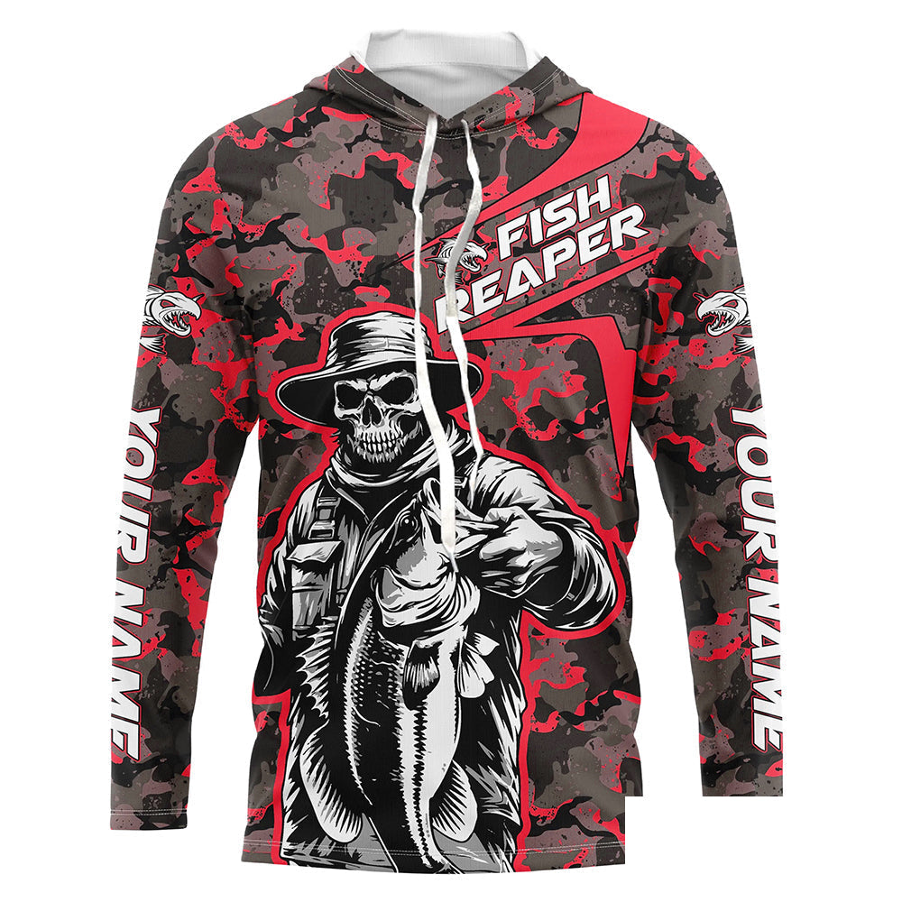 Custom Fish Reaper Skull Bass Long Sleeve Fishing Shirt, Bass Hunter Fishing Jerseys | Red Camo IPHW6506