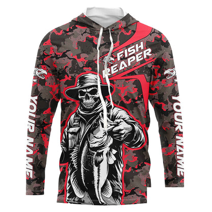 Custom Fish Reaper Skull Bass Long Sleeve Fishing Shirt, Bass Hunter Fishing Jerseys | Red Camo IPHW6506