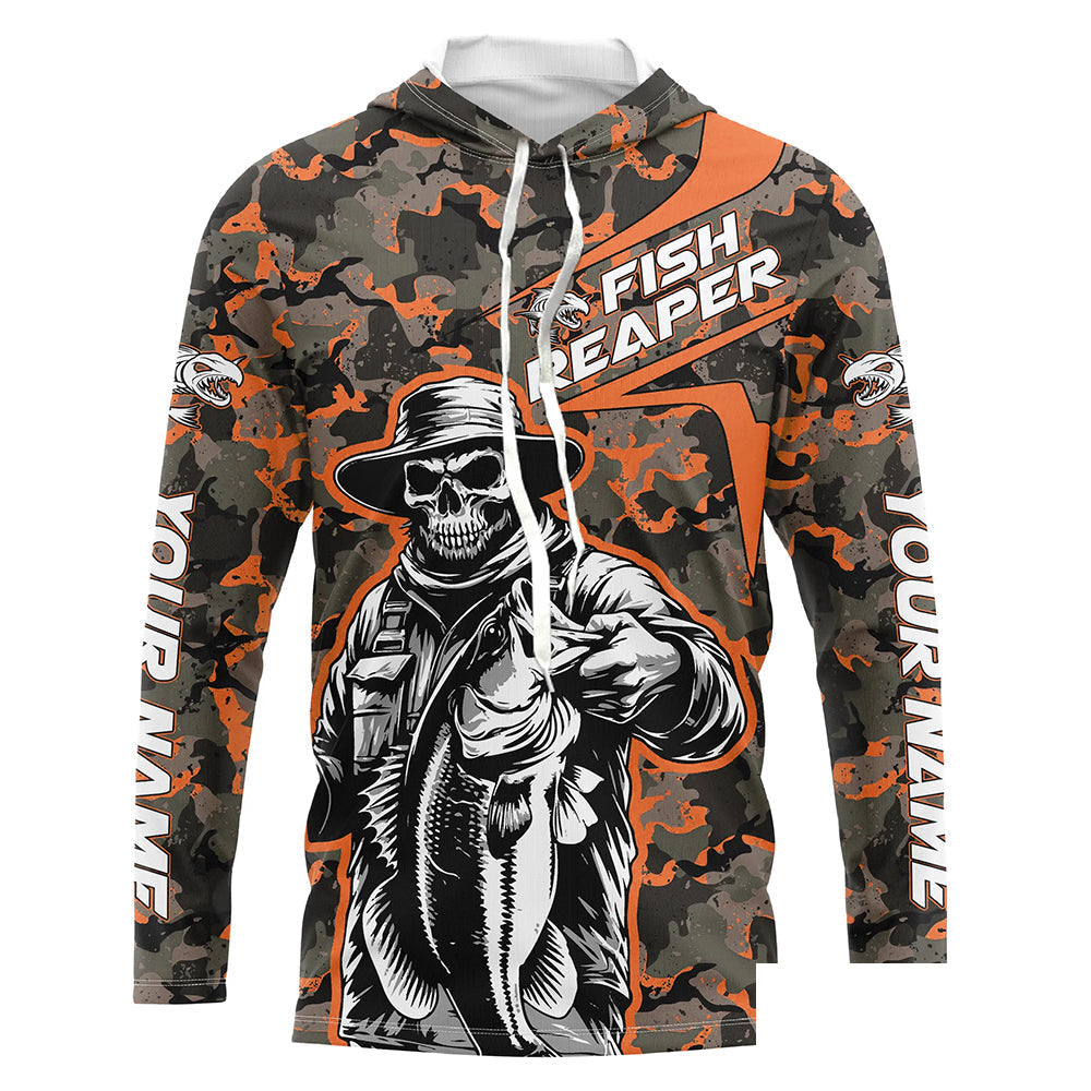 Custom Fish Reaper Skull Bass Long Sleeve Fishing Shirt, Bass Hunter Fishing Jerseys | Orange Camo IPHW6507