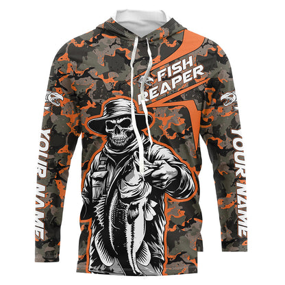 Custom Fish Reaper Skull Bass Long Sleeve Fishing Shirt, Bass Hunter Fishing Jerseys | Orange Camo IPHW6507