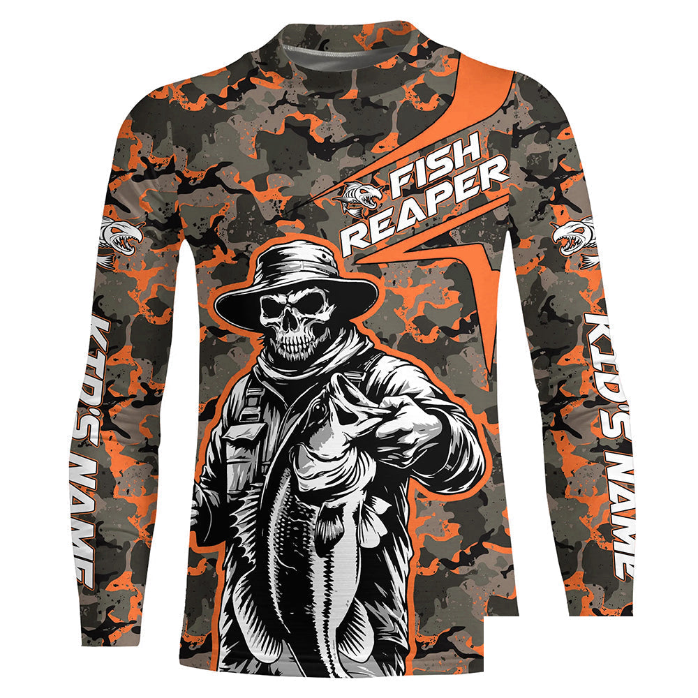Custom Fish Reaper Skull Bass Long Sleeve Fishing Shirt, Bass Hunter Fishing Jerseys | Orange Camo IPHW6507