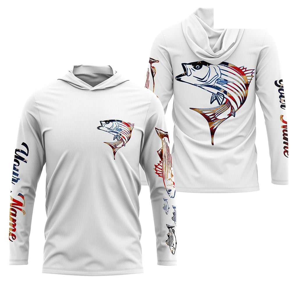 Striped Bass fishing American flag patriotic Custom Name Long sleeve, Long Sleeve Hooded NPQ676